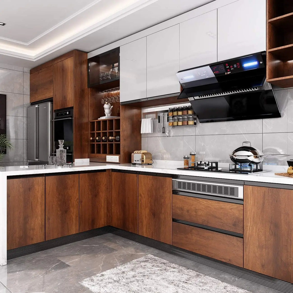 Modern kitchen cabinetry featuring wood grain cabinets and white countertops with stainless steel appliances.