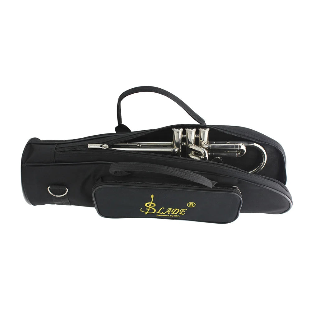 Black waterproof oxford cloth trumpet bag with padded protection and silver trumpet inside