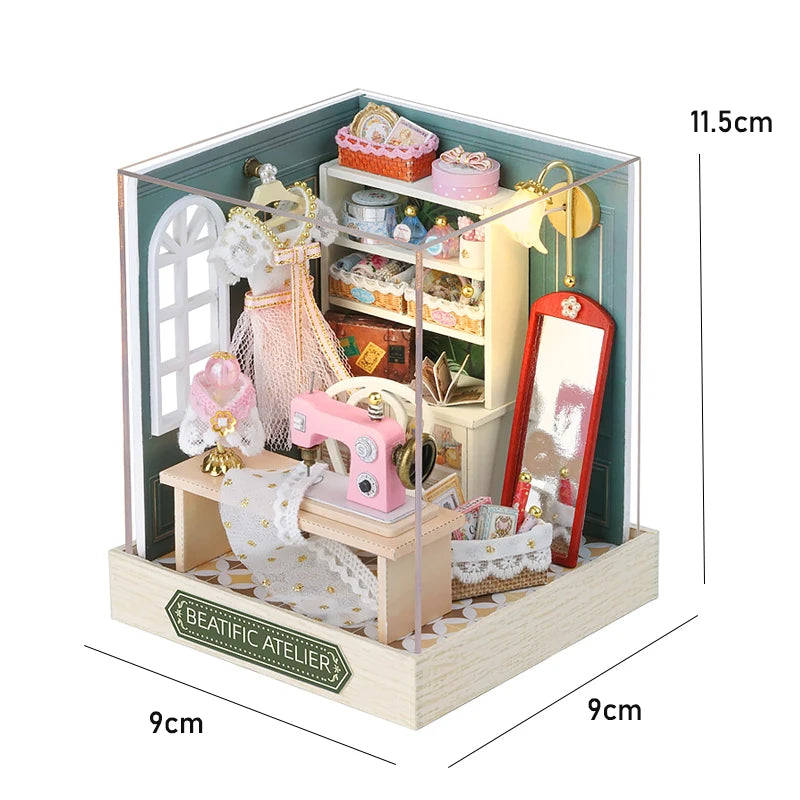 A wooden dollhouse miniature assembly kit featuring a pink and white aesthetic with LED lighting and decorative elements.