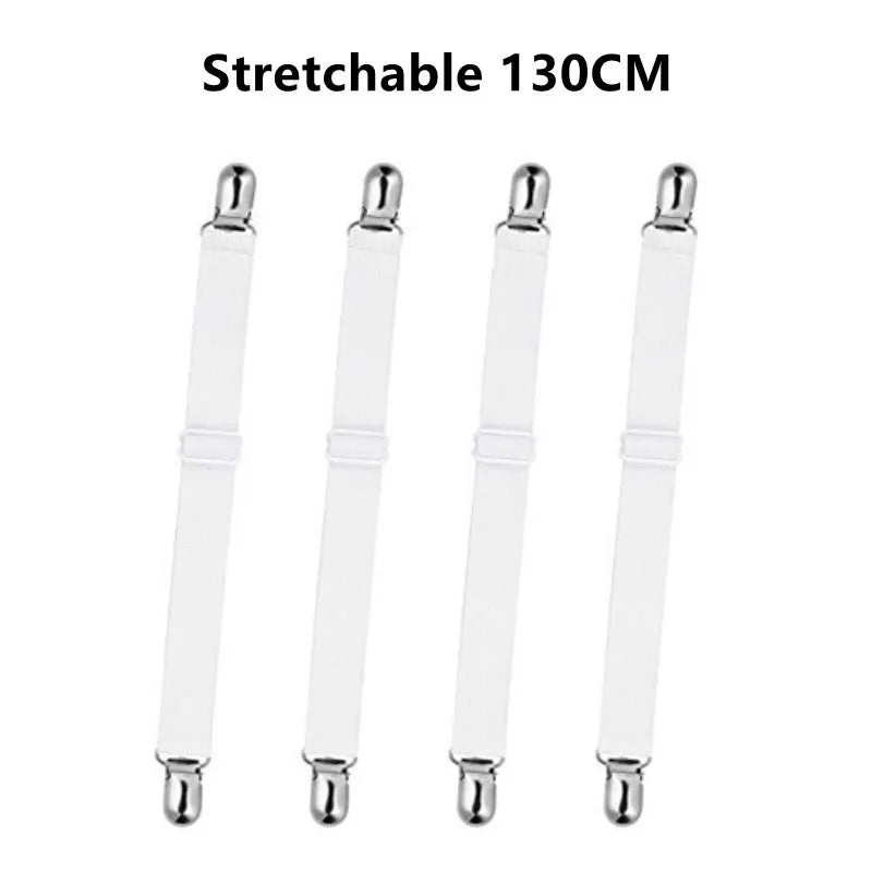 Set of four stretchable clear plastic corner straps for bed sheets