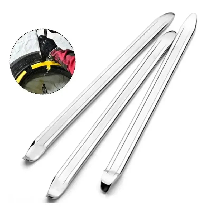 A pair of heavy-duty tire irons with a dual-end design shown next to a tire.