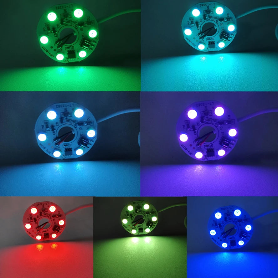 Various colored USB LED light boards demonstrating different illumination colors like green, blue, purple, and red.