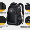 Black laptop backpack featuring breathable mesh, elastic foam, and durable materials for comfortable carrying.