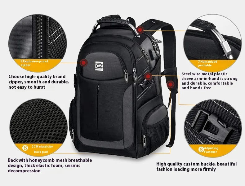 Black laptop backpack featuring breathable mesh, elastic foam, and durable materials for comfortable carrying.