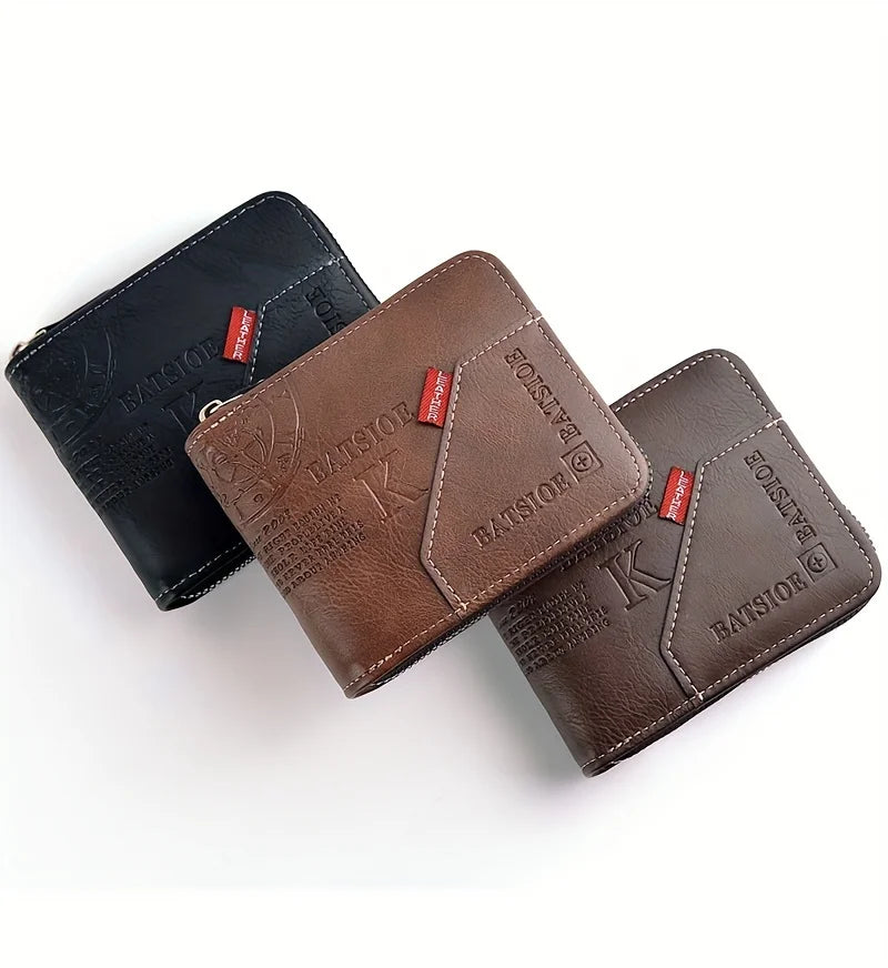 Men's Waxed Leather Card Holder Wallet with Zipper Coin Pocket