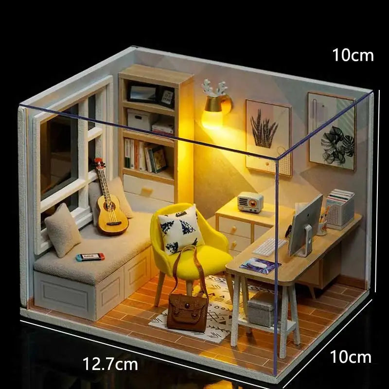 A miniature wooden dollhouse building kit featuring furniture and interior details.