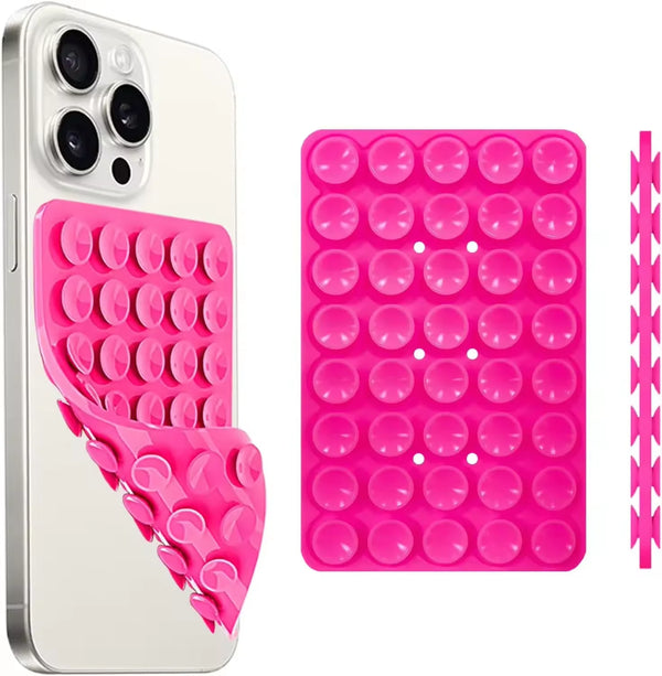 Weißes Smartphone-Hülle und rosa Silikon-Saugnapf-Handyhalter mit mehreren runden Tassen.
