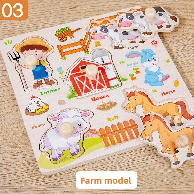 A wooden farm model puzzle set featuring various animals like a cow, rabbit, horse, sheep, and a farmer.