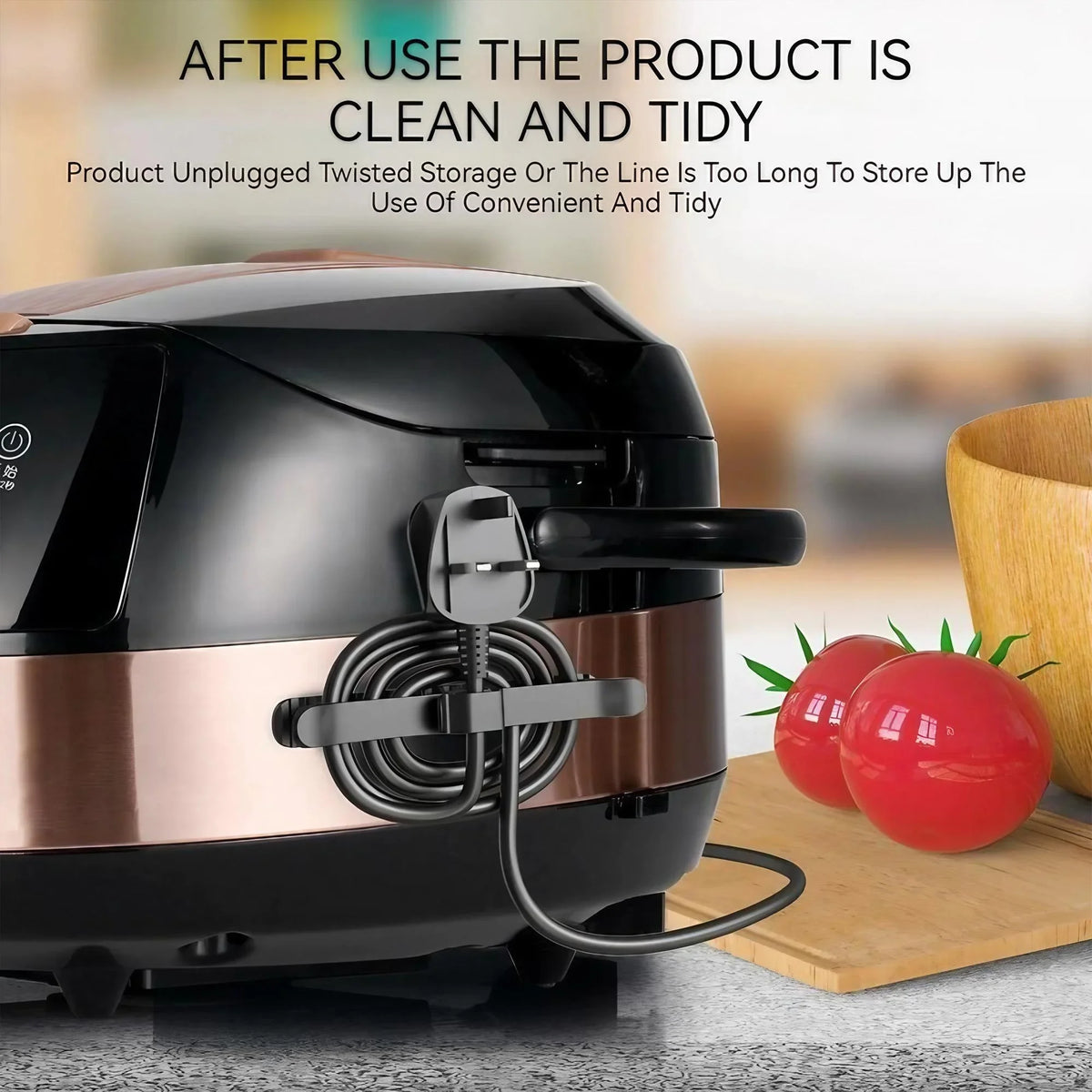 A black countertop cable organizer with a copper accent is shown, demonstrating how to store cords neatly.