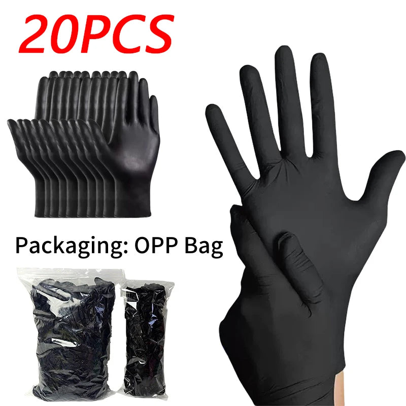 A set of 20 black powder-free disposable nitrile gloves packaged in an OPP bag.