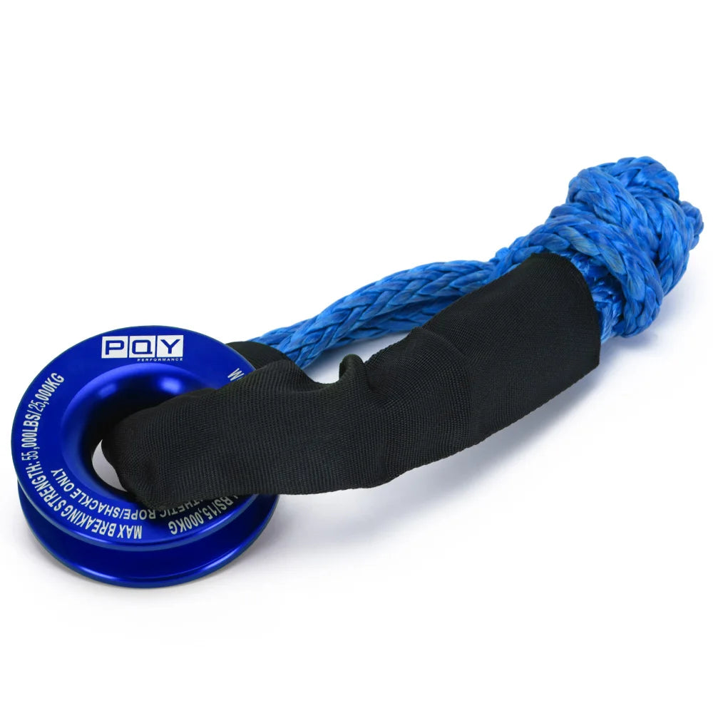 A blue synthetic winch rope and recovery ring set with a black protective sleeve.