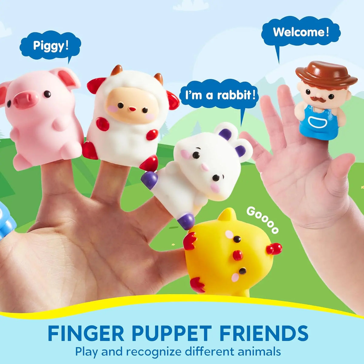 Finger puppet friends set featuring pink pig, white bear, and yellow animal for play and recognition