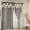 Gray sheer curtains with white lace trim and dual layers blocking light in a room.