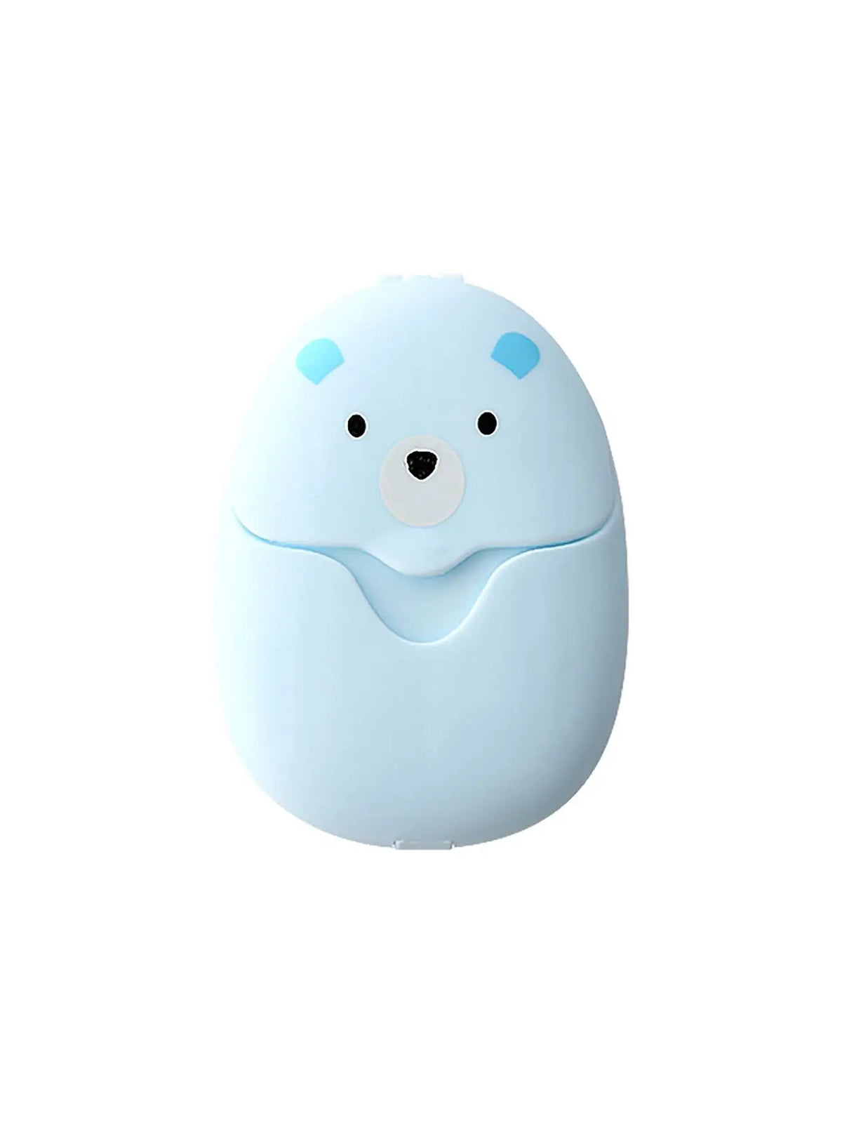 A light blue, bear-shaped dispenser for portable paper soap sheets.