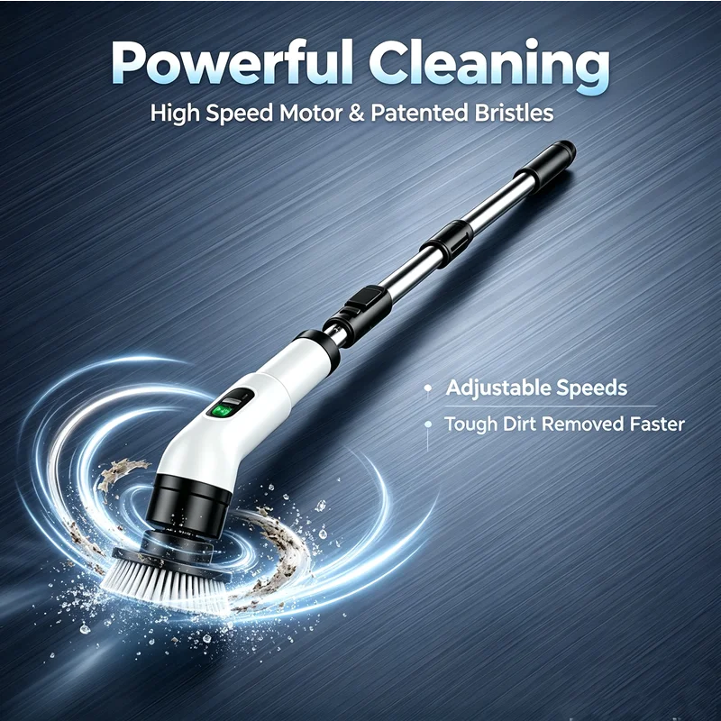A close-up of a white and black cordless electric spin scrubber with bristles cleaning dirt off a surface.