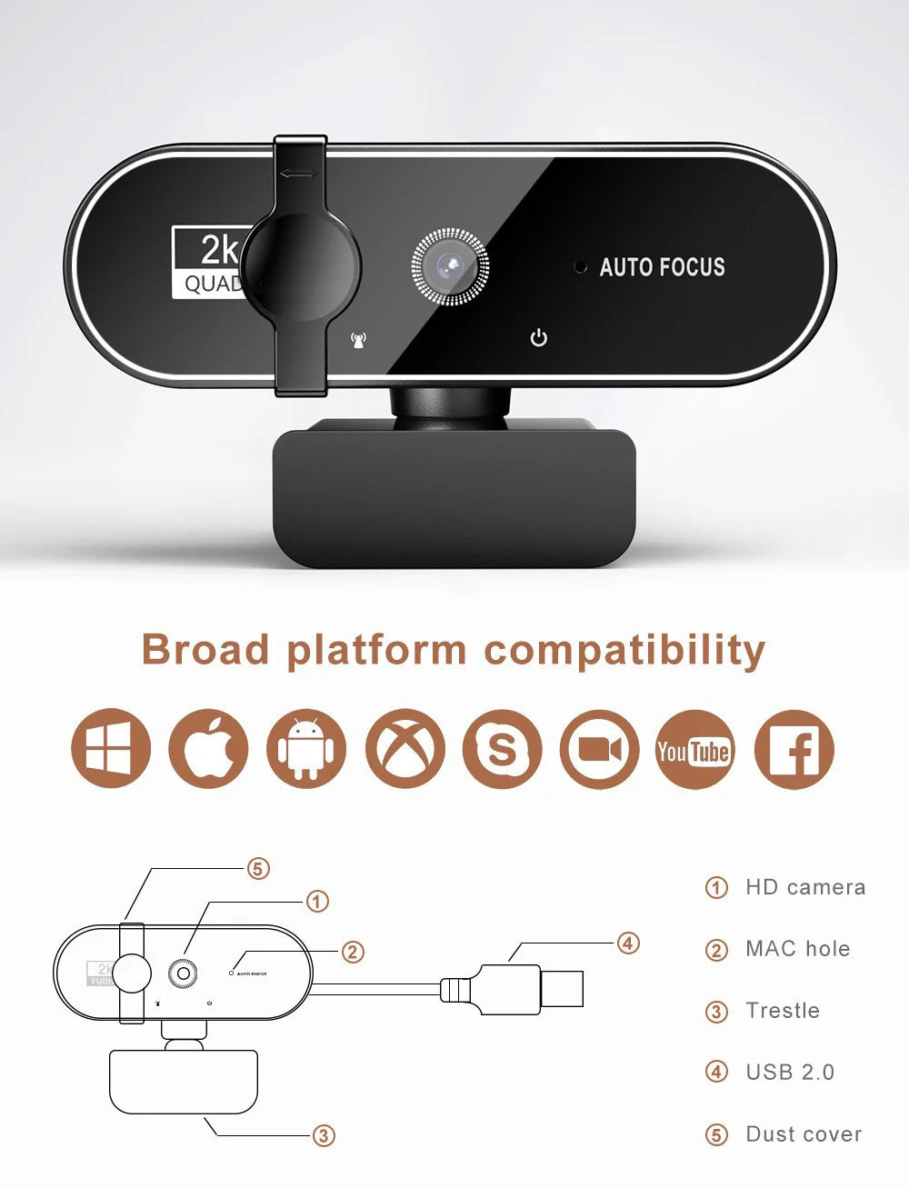 A black 2K Quad Auto Focus webcam with a microphone and dust cover shown on a white background.