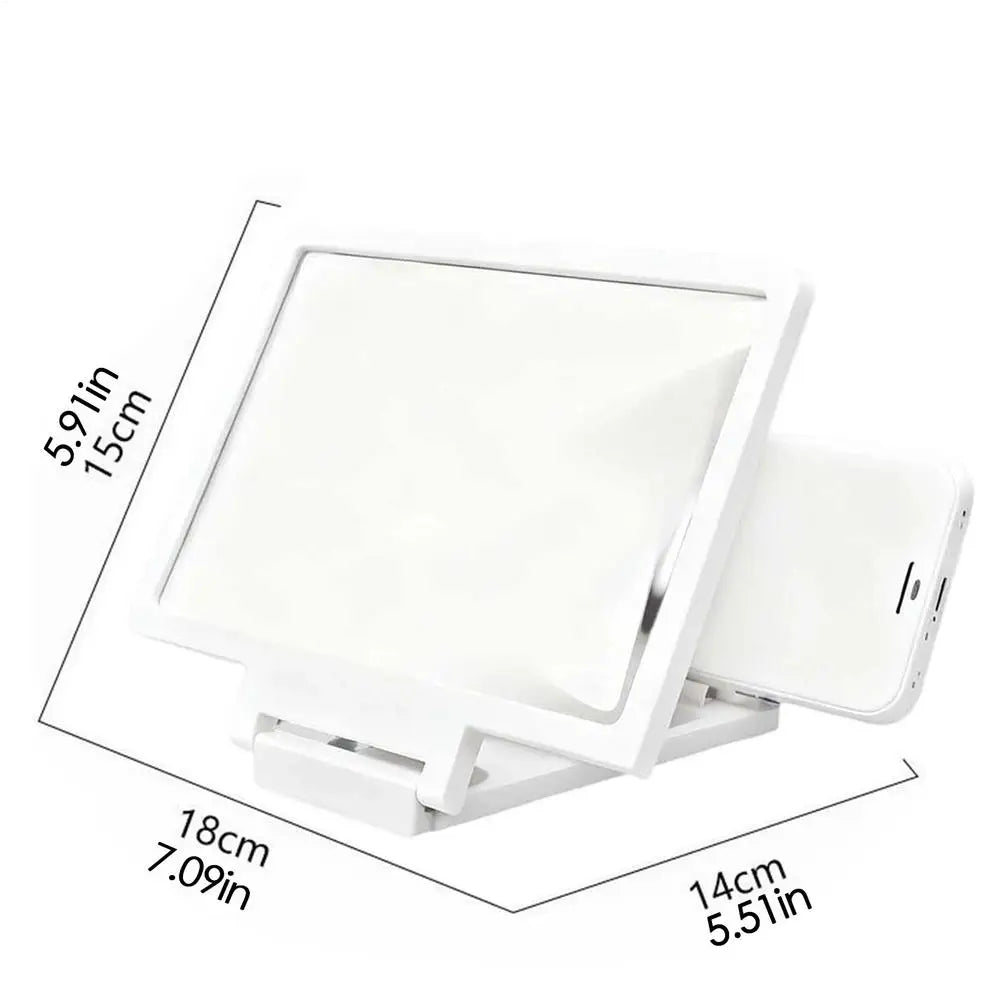 A white portable HD phone screen magnifier shown with dimensions and usage context.