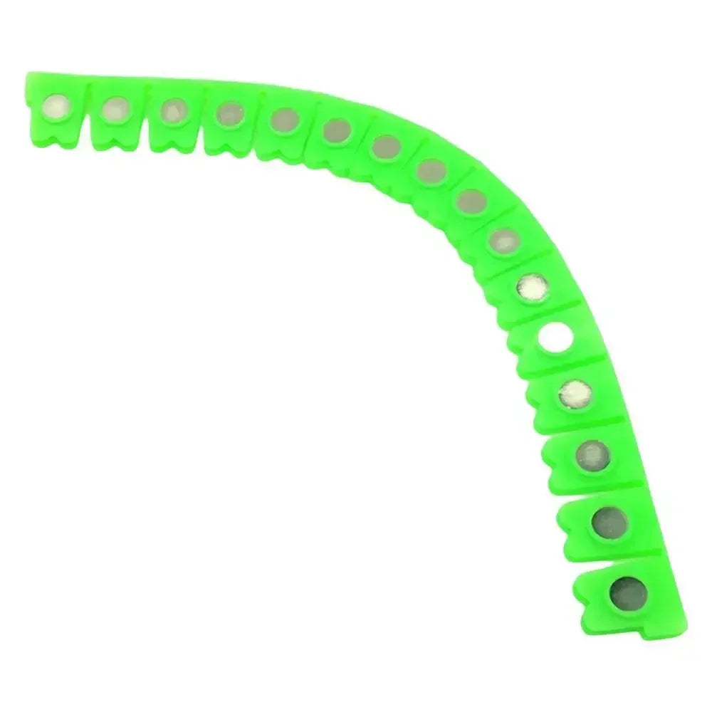 A curved strip of bright green magnetic dry grinding protective strips for auto body work.