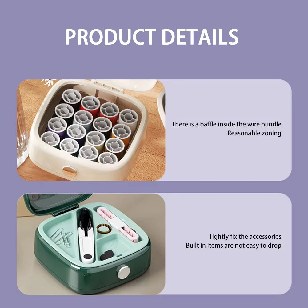 A compact magnetic sewing kit with a white case showing various needles and thread colors inside.
