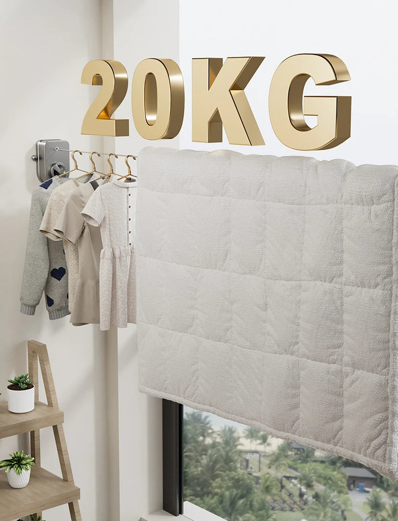 A beige quilted fabric cover for a 20KG retractable clothesline system mounted on a white wall.