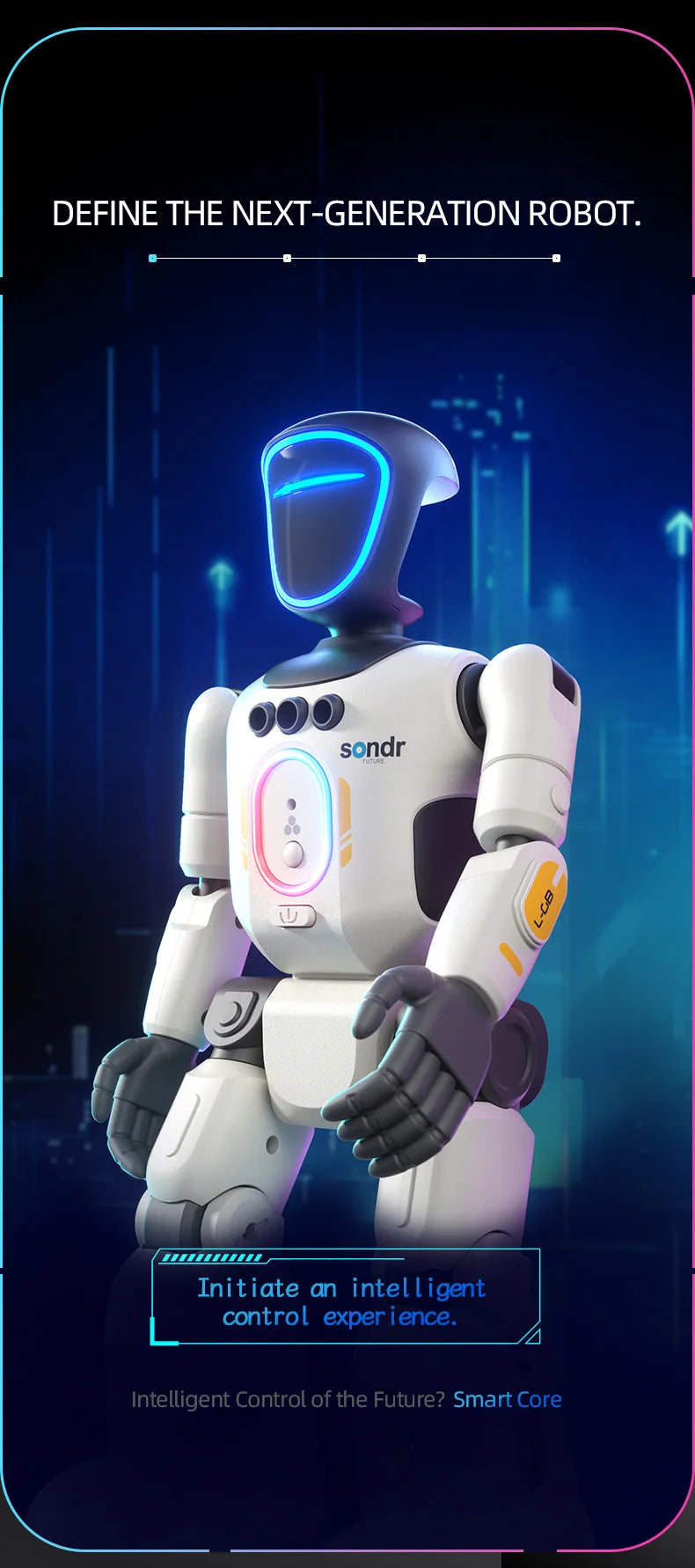 A white robot with blue accents stands against a dark background, ready to initiate an intelligent control experience.