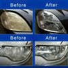 Before and after comparison of a headlight restoration kit on a car's headlight lens.