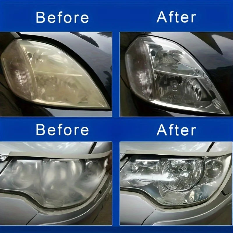 Before and after comparison of a headlight restoration kit on a car's headlight lens.