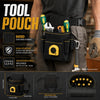 A black tool pouch with multiple pockets and an adjustable belt is shown on a person's waist.