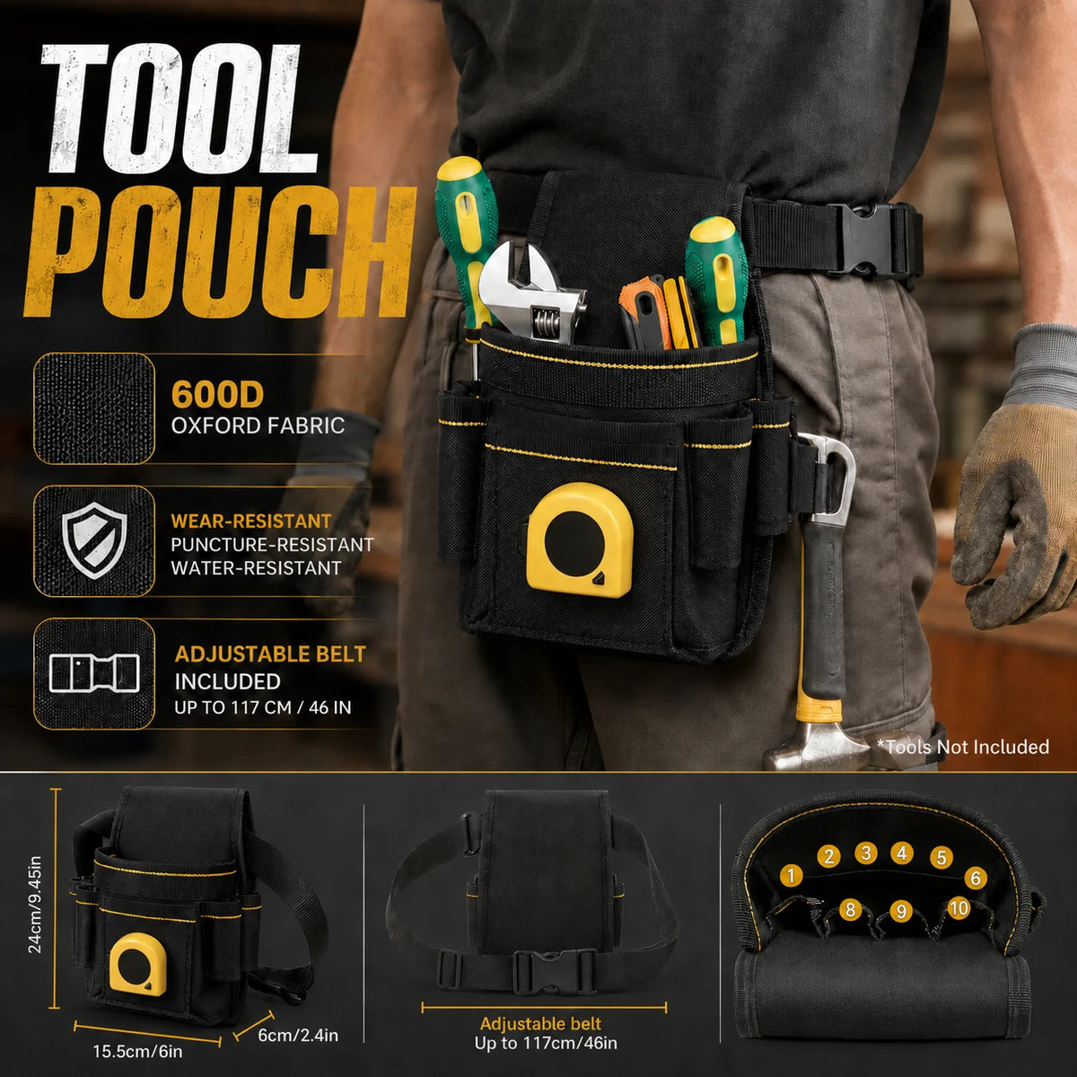A black tool pouch with multiple pockets and an adjustable belt is shown on a person's waist.