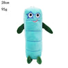A light blue plush toy shaped like a caterpillar with large eyes and a smile.