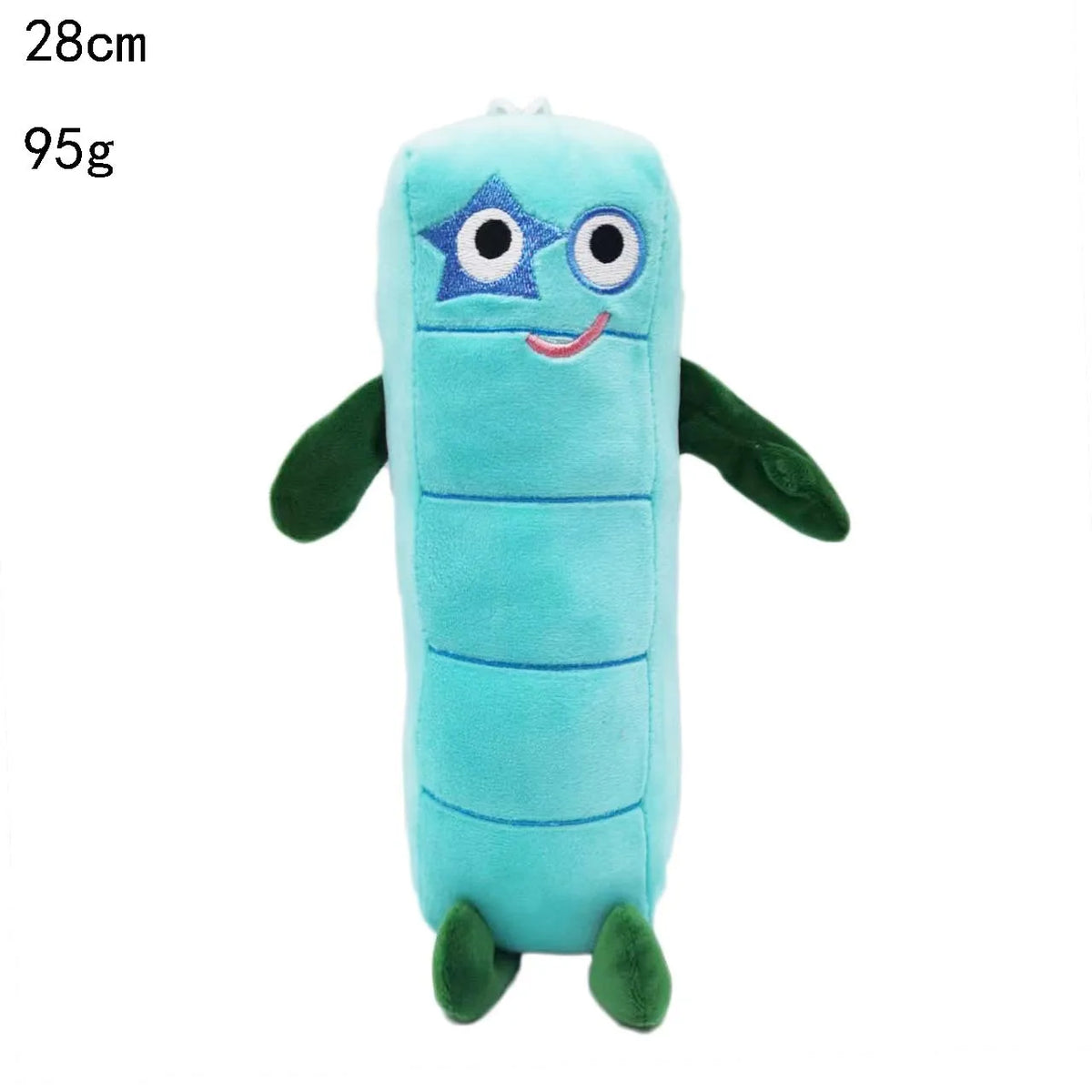 A light blue plush toy shaped like a caterpillar with large eyes and a smile.