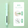 A light green folding pen-shaped safety scissors with a green handle and silver blades shown next to product specifications.