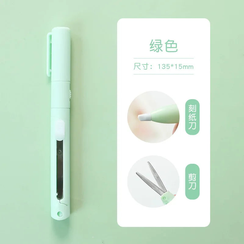 A light green folding pen-shaped safety scissors with a green handle and silver blades shown next to product specifications.