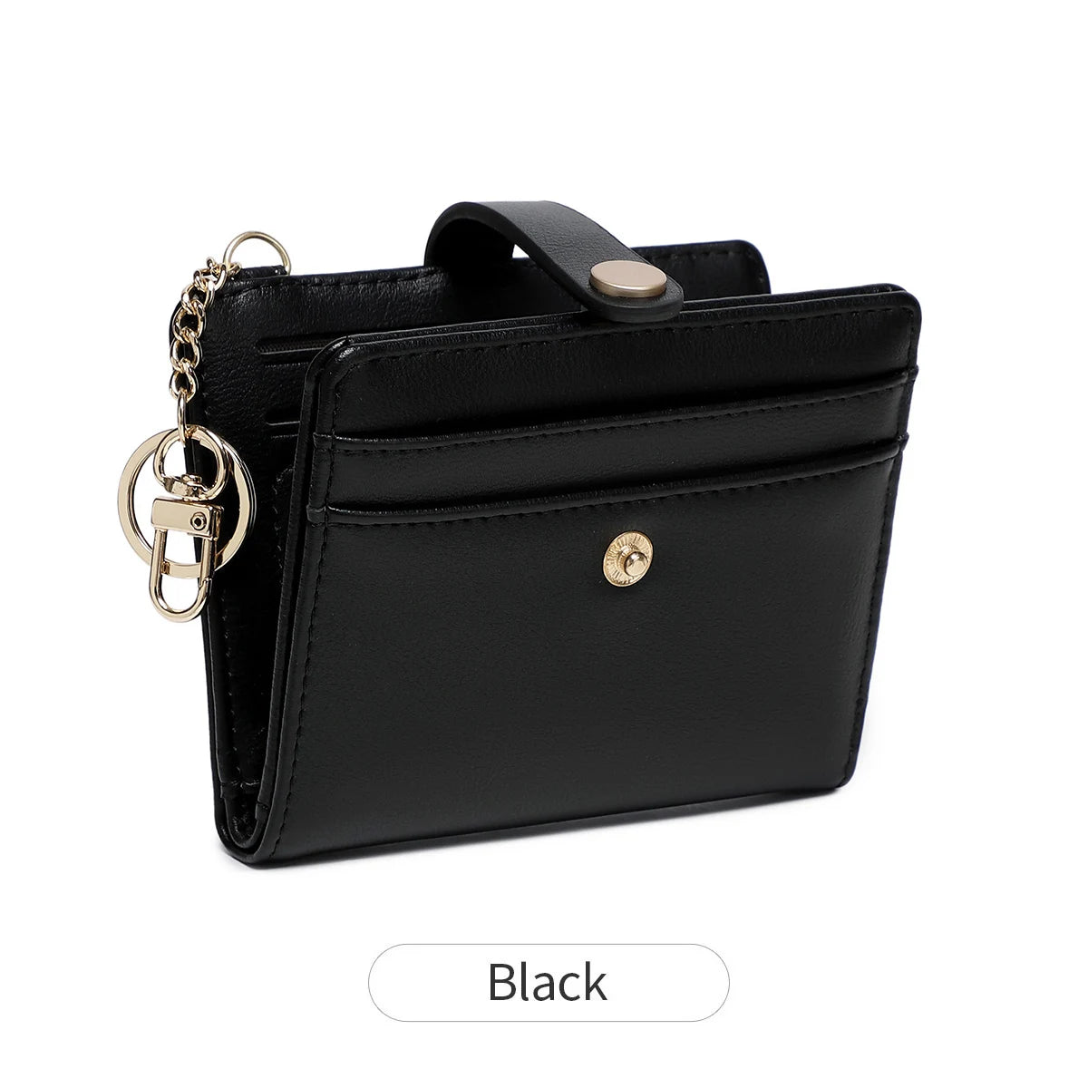 Black RFID shielded women's bi-fold credit card wallet with gold hardware