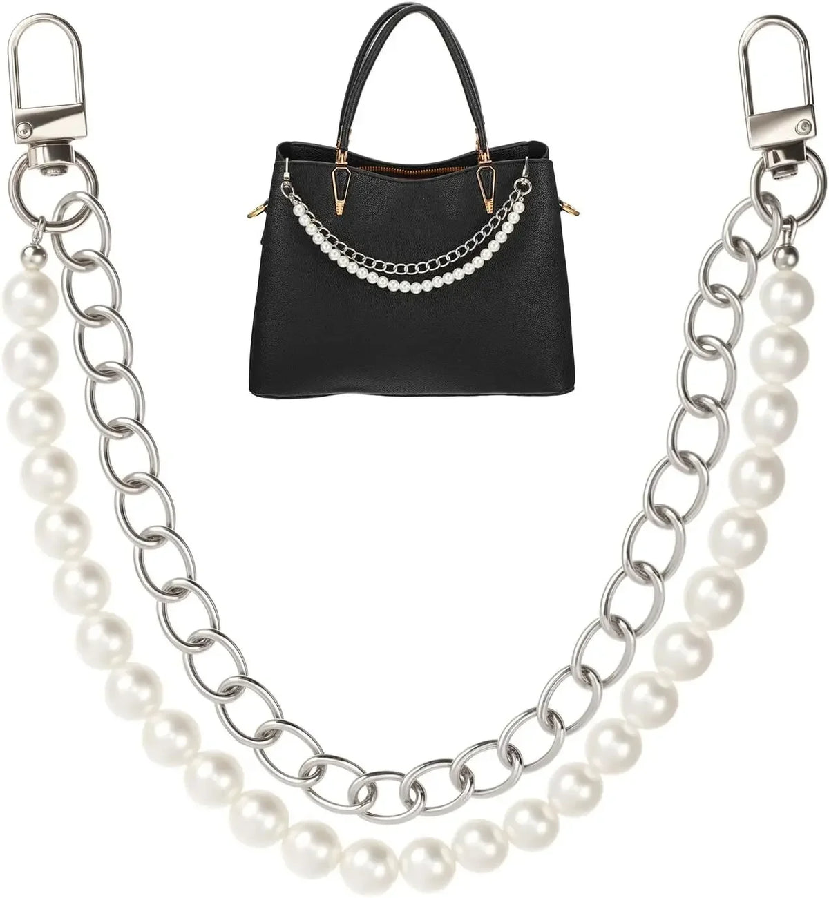 Black leather purse with a gold chain and pearl necklace displayed against a white background.