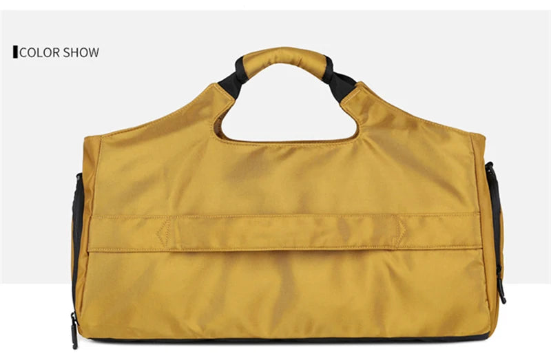 A tan water-resistant duffel bag with a black strap and shoe pocket shown against a light gray background.