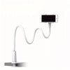 A white flexible gooseneck phone holder with a clamp and a cable, designed for bedside viewing.