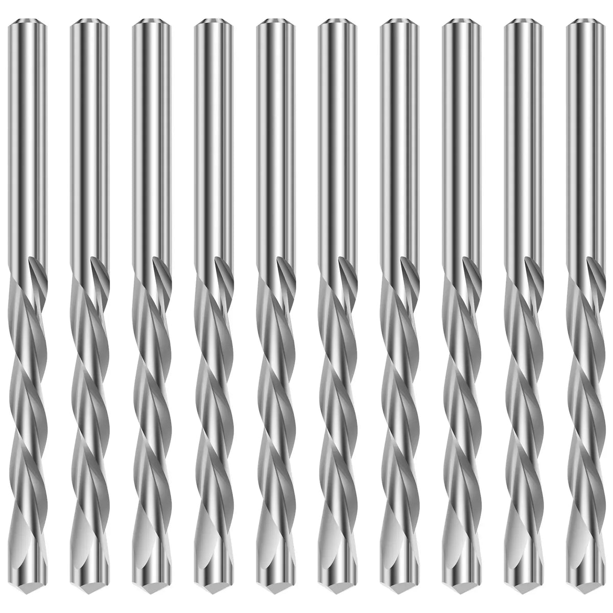 A set of 10 silver 3/16-inch drywall router bits shown vertically.