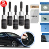 A set of five windshield crack repair kits, including bull's eye, star-shaped, and crescent cracks, shown next to a black car