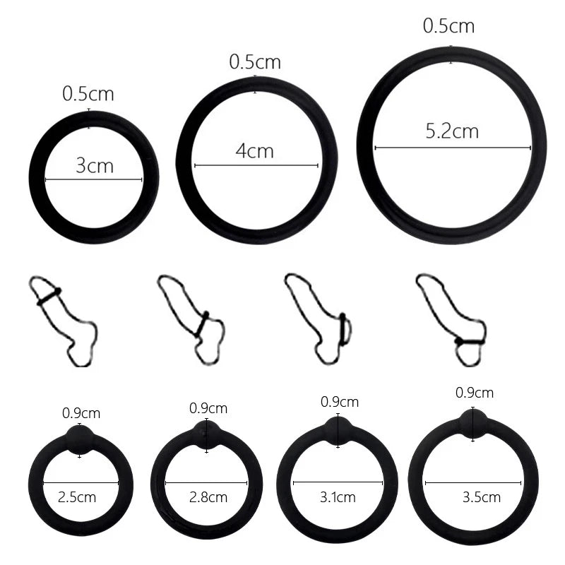 A collection of silicone cock rings in various sizes and styles.