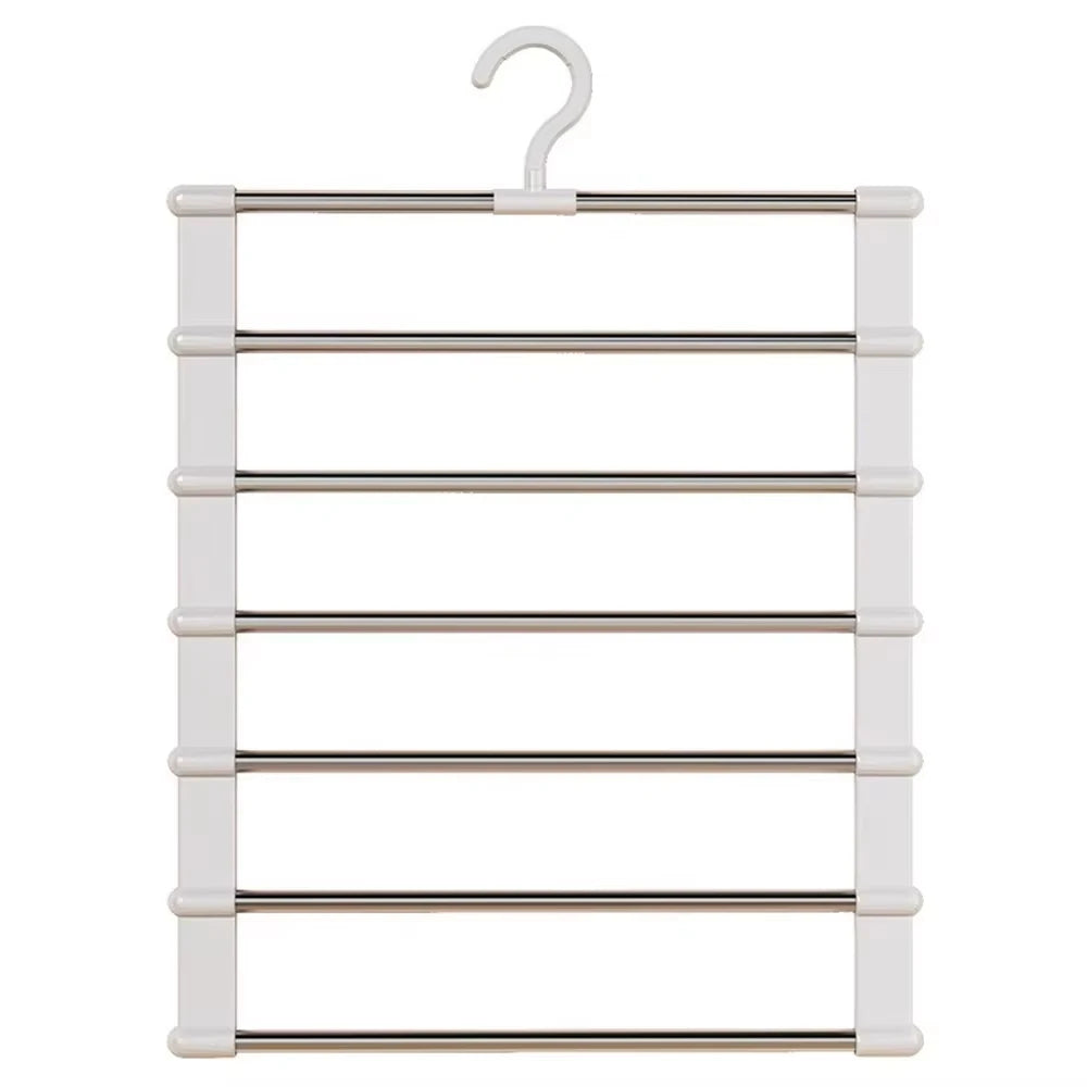 A white foldable multi-layer pants hanger with non-slip clips and a hook.