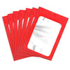 A stack of red colorful Mylar ziplock bags with clear windows for packaging small items.
