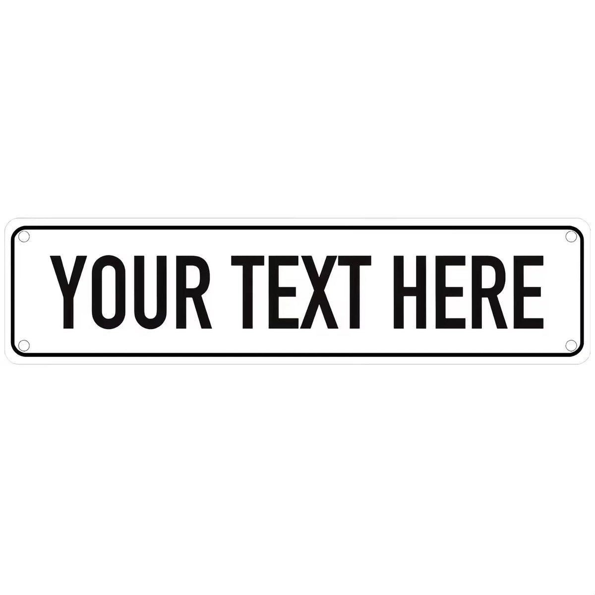 Blank rectangular metal sign template with the text YOUR TEXT HERE for customization