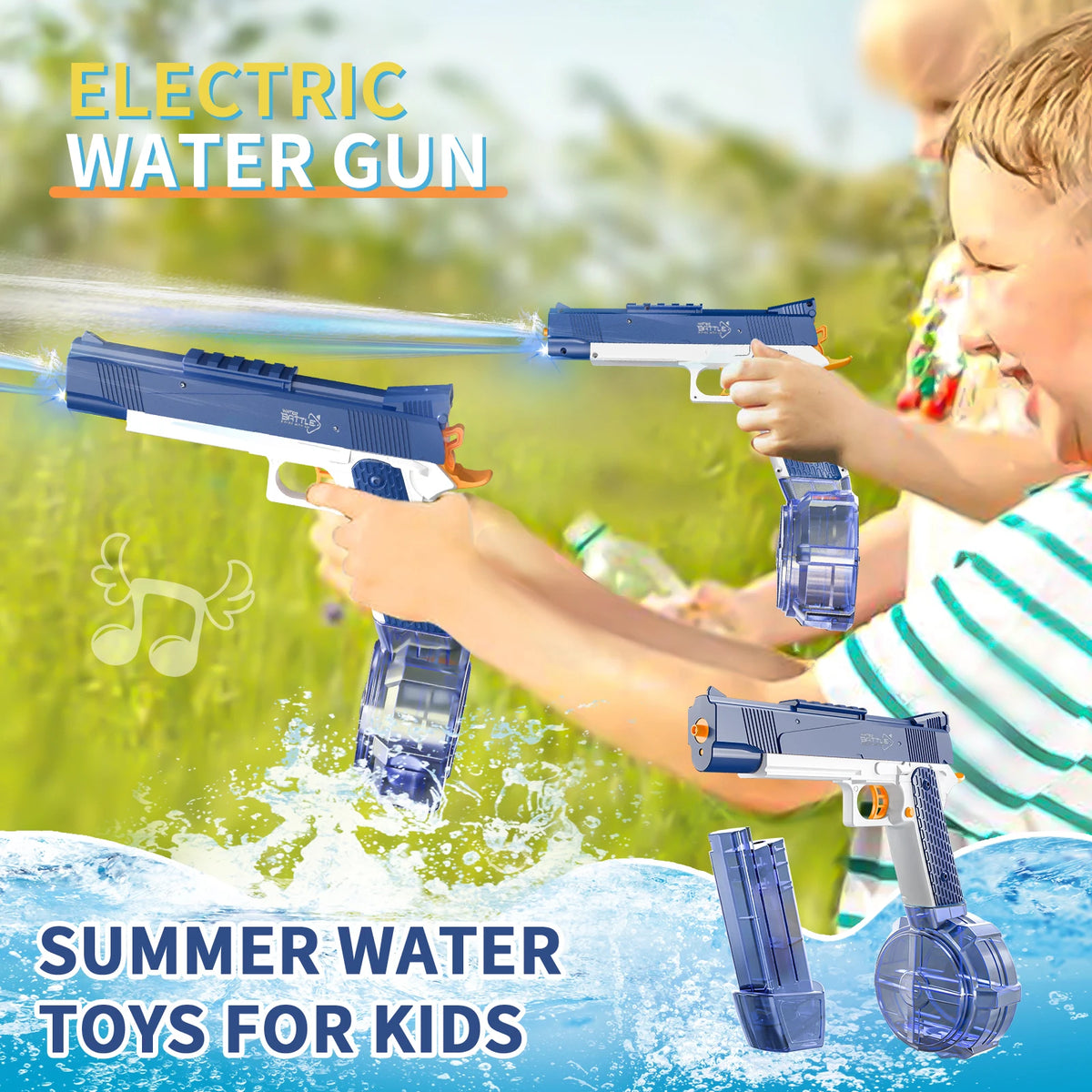 A child is firing a blue electric water gun at a water surface outdoors, with additional guns and water toys visible.