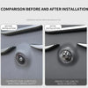 Comparison showing a car camera lens before and after installation with protective covers.