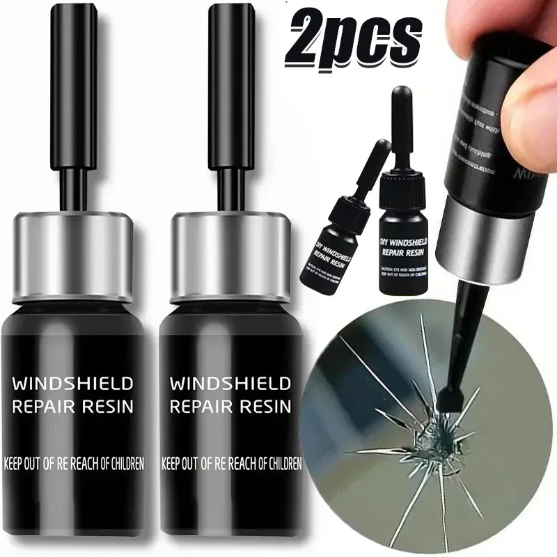 Two bottles of Windshield Repair Resin with applicator tips shown next to a close-up of the resin repairing a crack