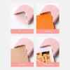 A set of pink paper corner rounder cutters shown with various paper types including cardboard, kraft paper, and photo paper.