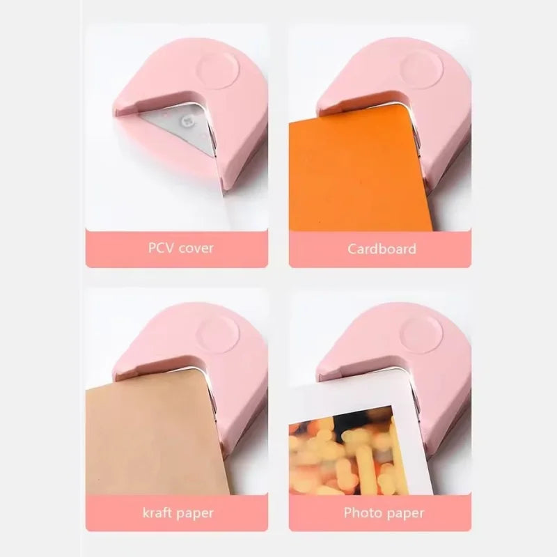 A set of pink paper corner rounder cutters shown with various paper types including cardboard, kraft paper, and photo paper.