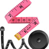 Pink flexible soft tape measure with dual-sided markings and a circular blade.