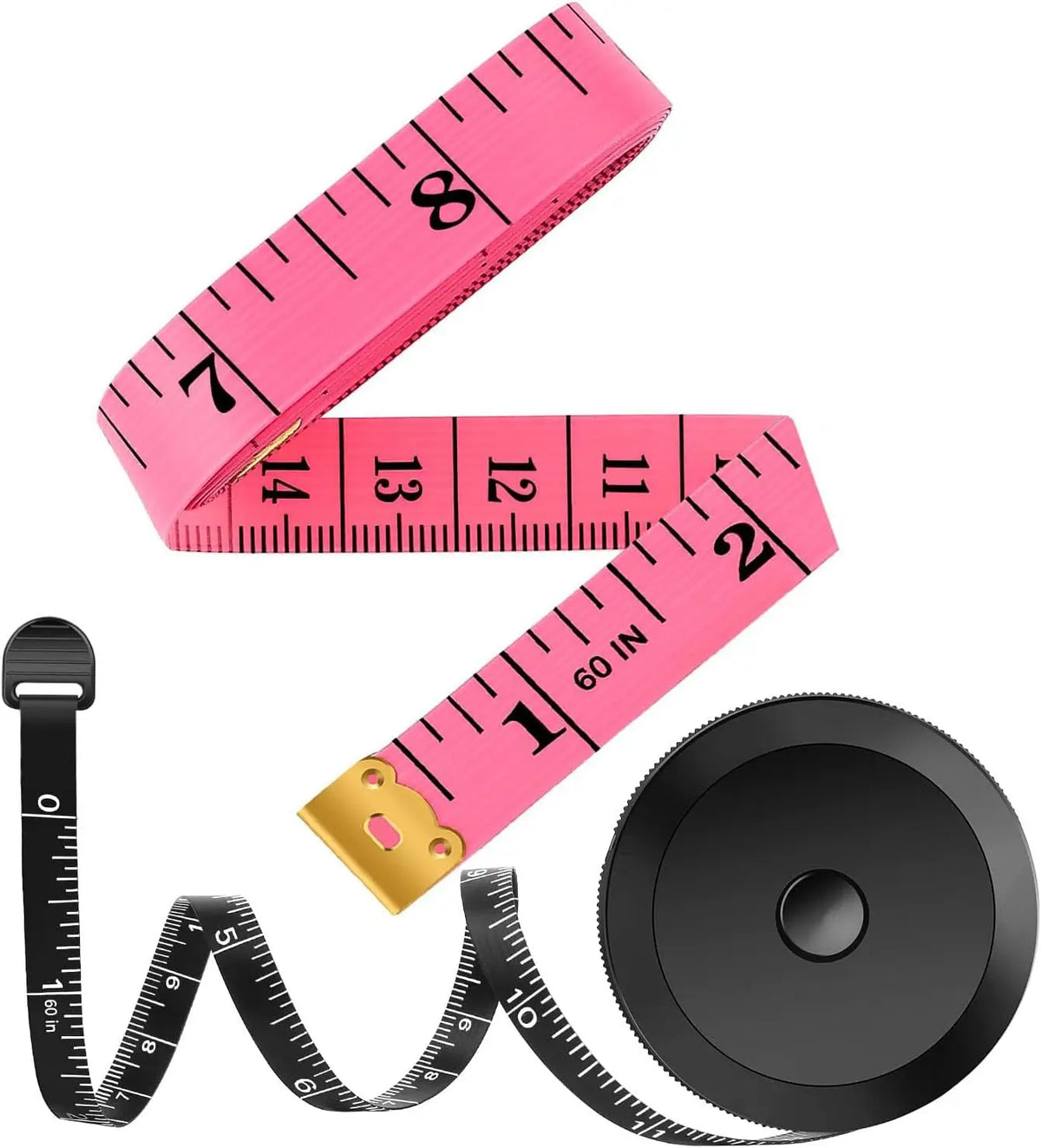Pink flexible soft tape measure with dual-sided markings and a circular blade.